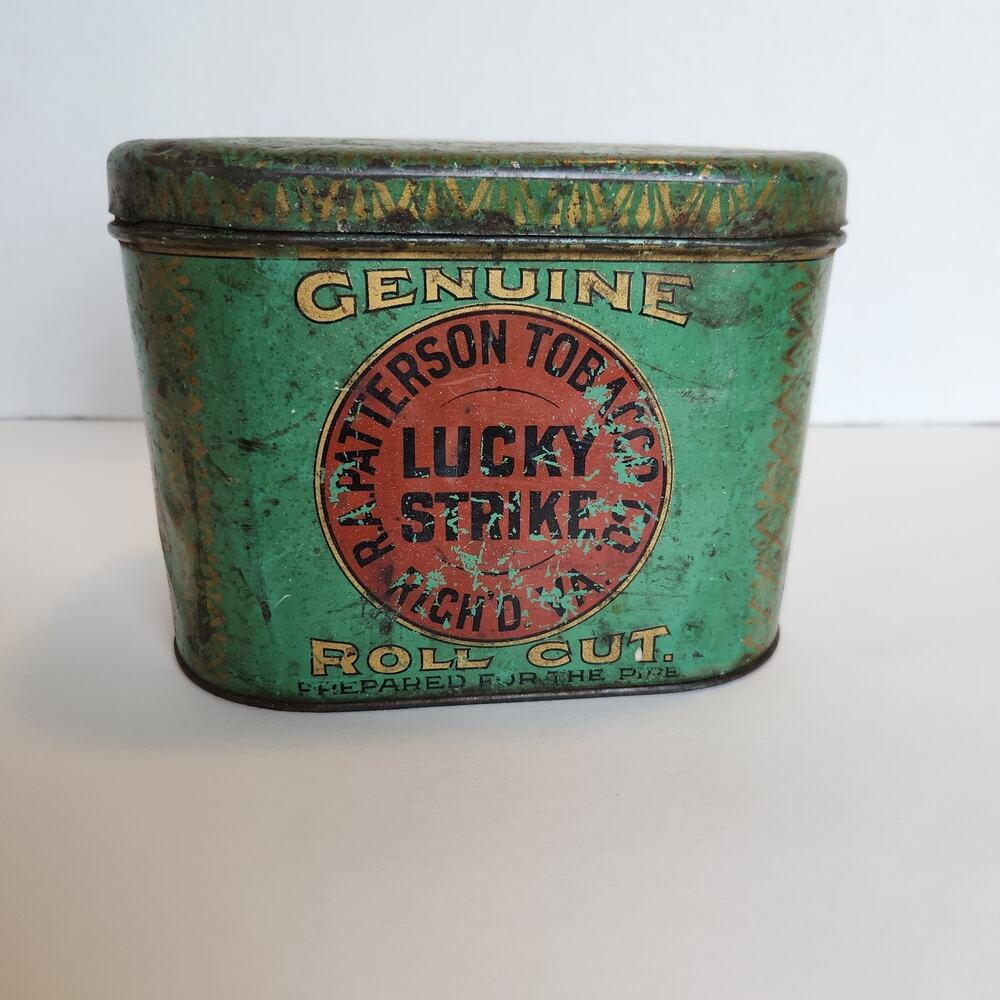 Antique Advertising LUCKY STRIKE Oval Canister Tobacco Tin Empty R.A Patterson